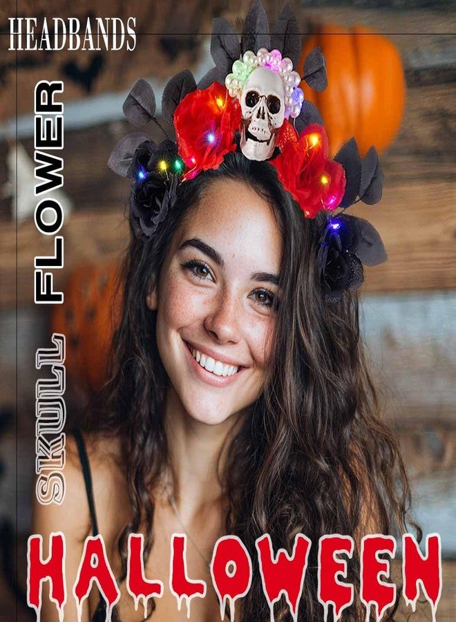 Firuilo Light Up Halloween Headband Skull Flower Crown Headbands Day of the Dead Headpieces Glitter Costume Hair Accessories for Women - Image 5